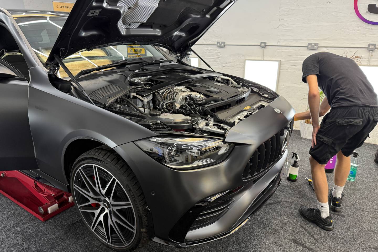 Mercedes engine bay and front bodywork during installation