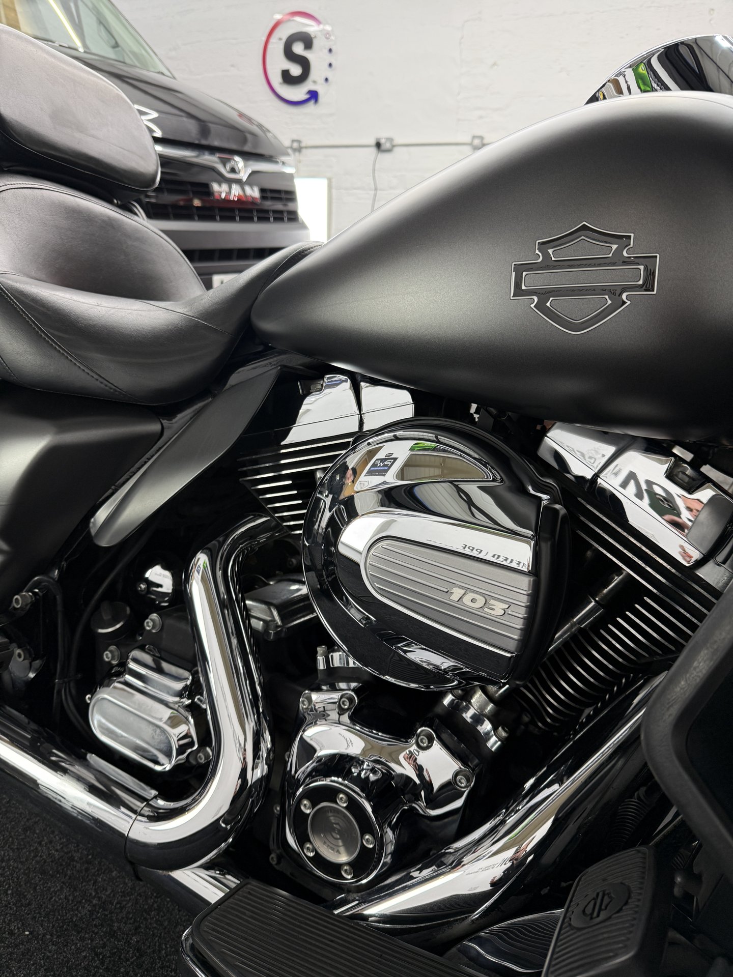 Matte black Harley-Davidson fuel tank and chrome engine